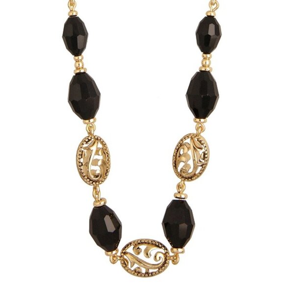 NAPIER Mod/Contemporary Gold Jet Black Faceted Bead & Swirl Cutout Necklace**NEW - Picture 1 of 5